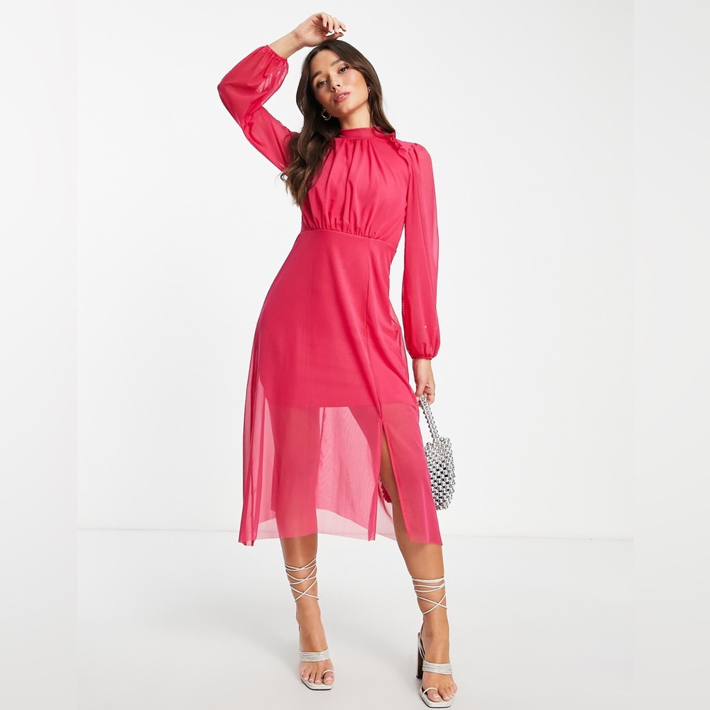 River Island Split Front Midi Dress in Bright Pink‎